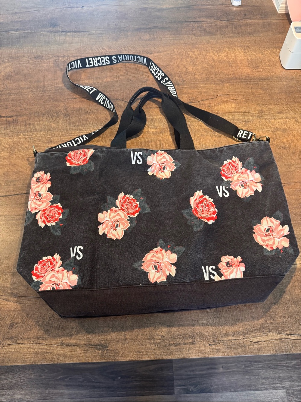 Victoria’s Secret Floral Weekender Tote Bag Black Rose Travel Shoulder Bag